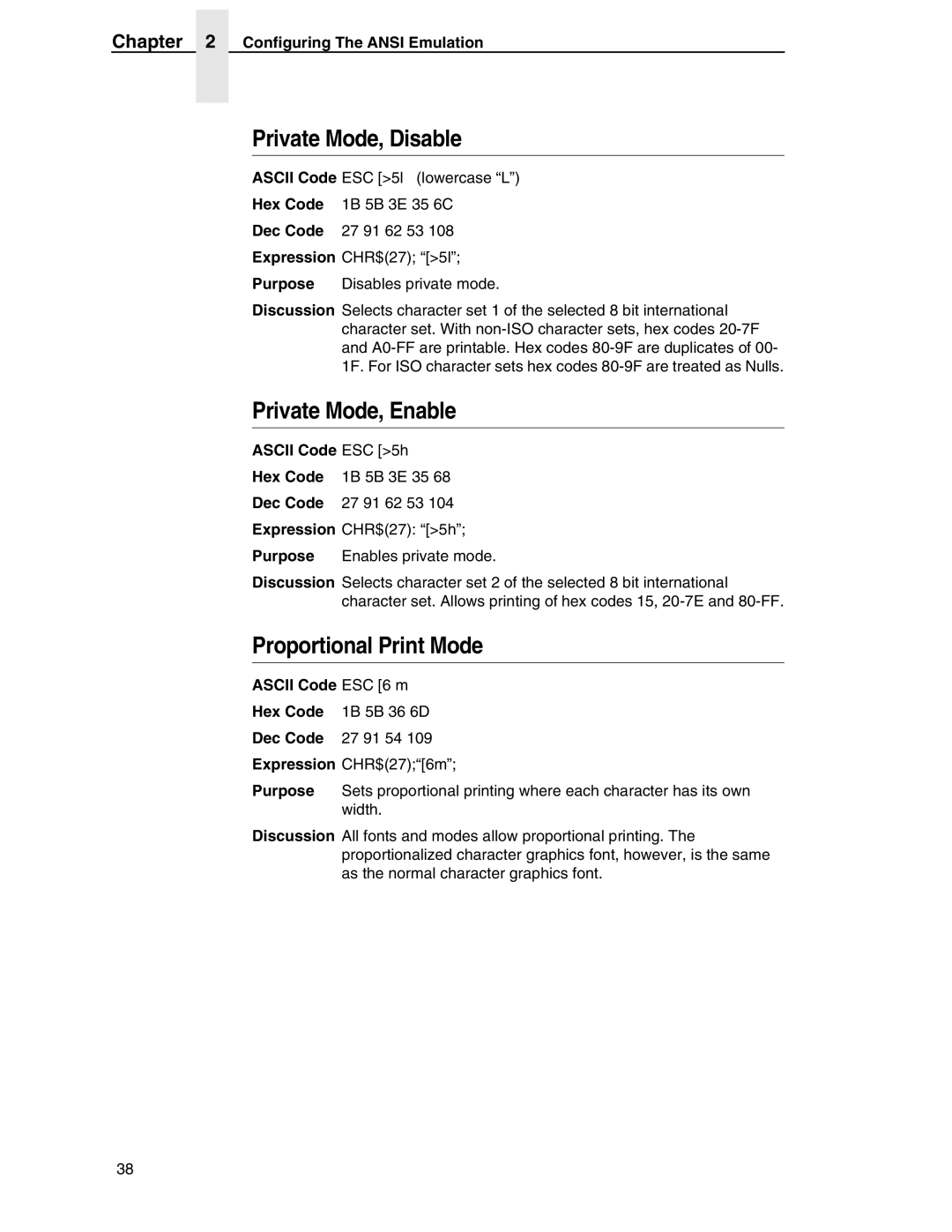 Printronix ANSI Printer manual Private Mode, Disable, Private Mode, Enable, Proportional Print Mode 