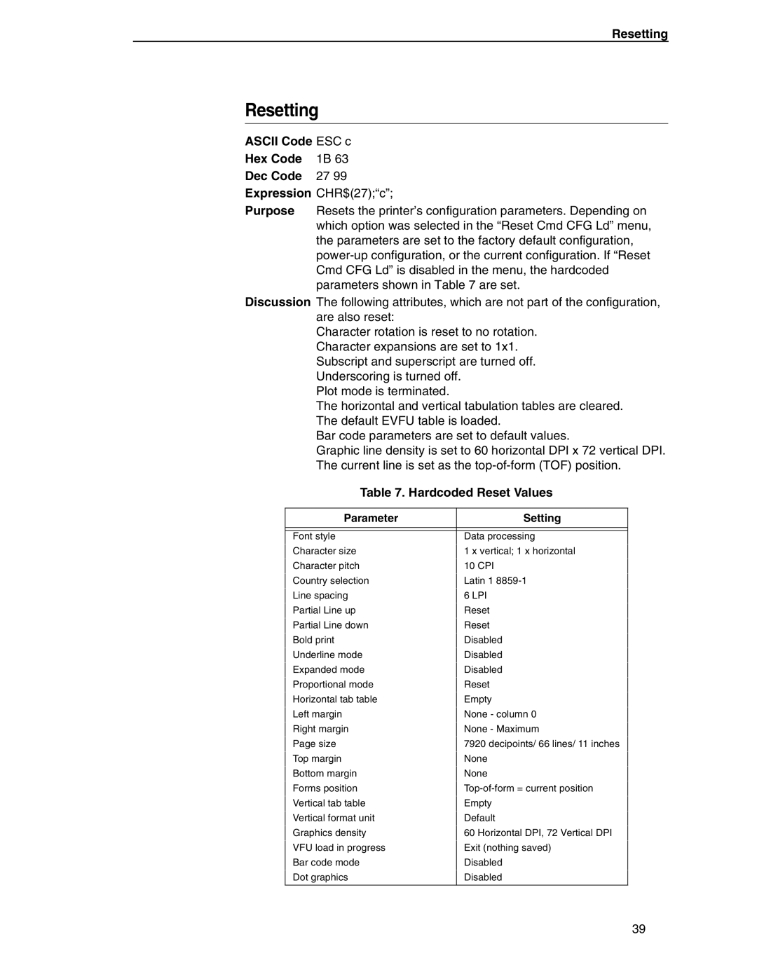 Printronix ANSI Printer manual Resetting, Ascii Code ESC c Hex Code Dec Code, Hardcoded Reset Values 