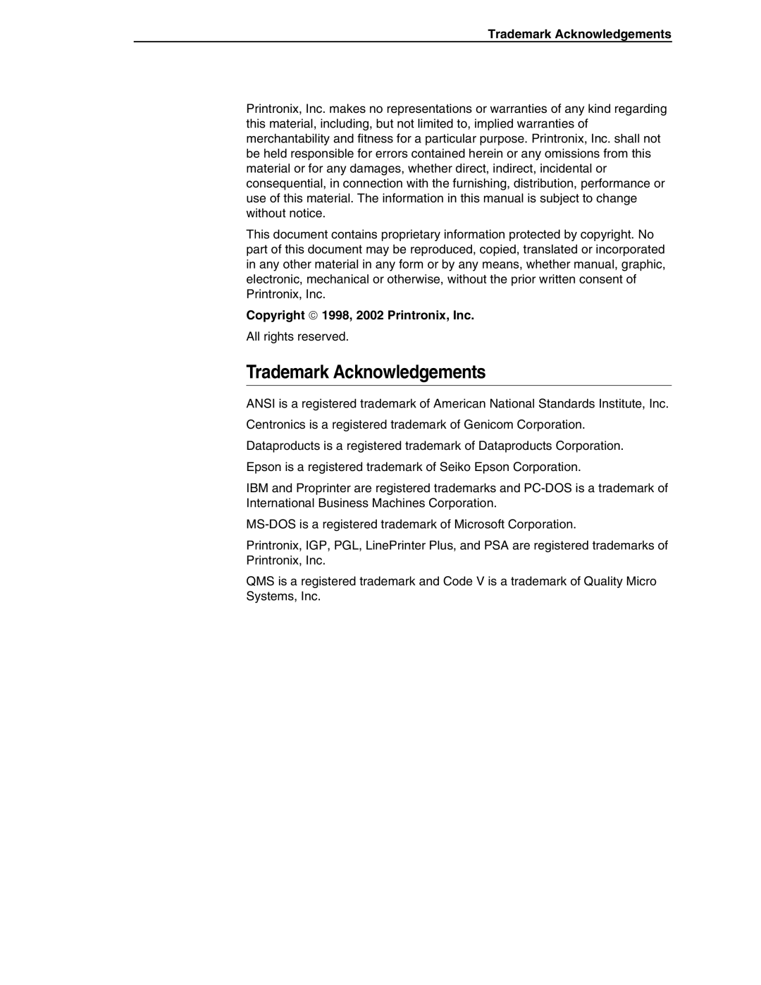 Printronix ANSI Printer manual Trademark Acknowledgements, Copyright  1998, 2002 Printronix, Inc 