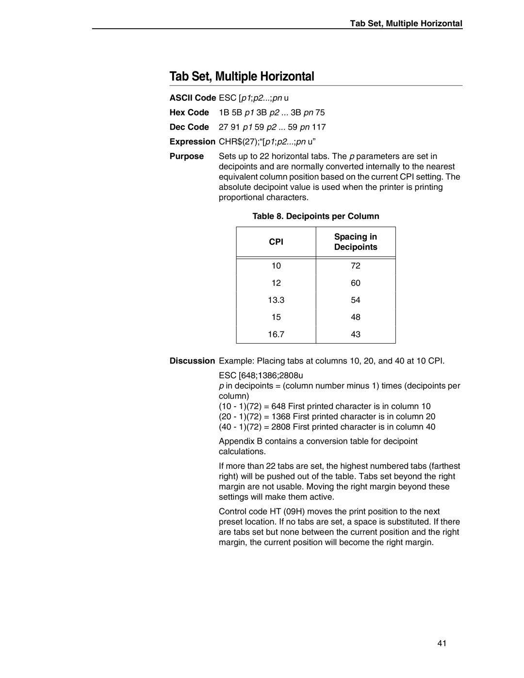 Printronix ANSI Printer manual Tab Set, Multiple Horizontal 