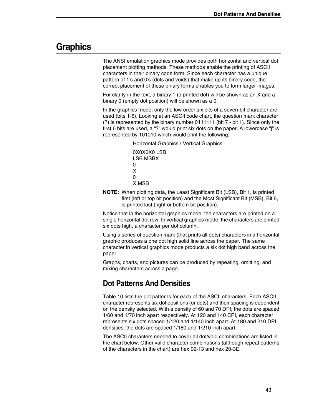 Printronix ANSI Printer manual Graphics, Dot Patterns And Densities, 0X0X0X0 LSB LSB Msbx MSB 