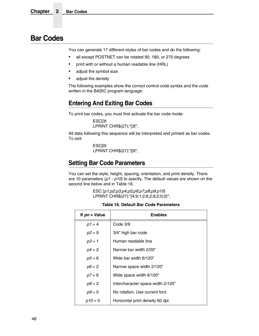 Printronix ANSI Printer manual Entering And Exiting Bar Codes, Setting Bar Code Parameters, Default Bar Code Parameters 