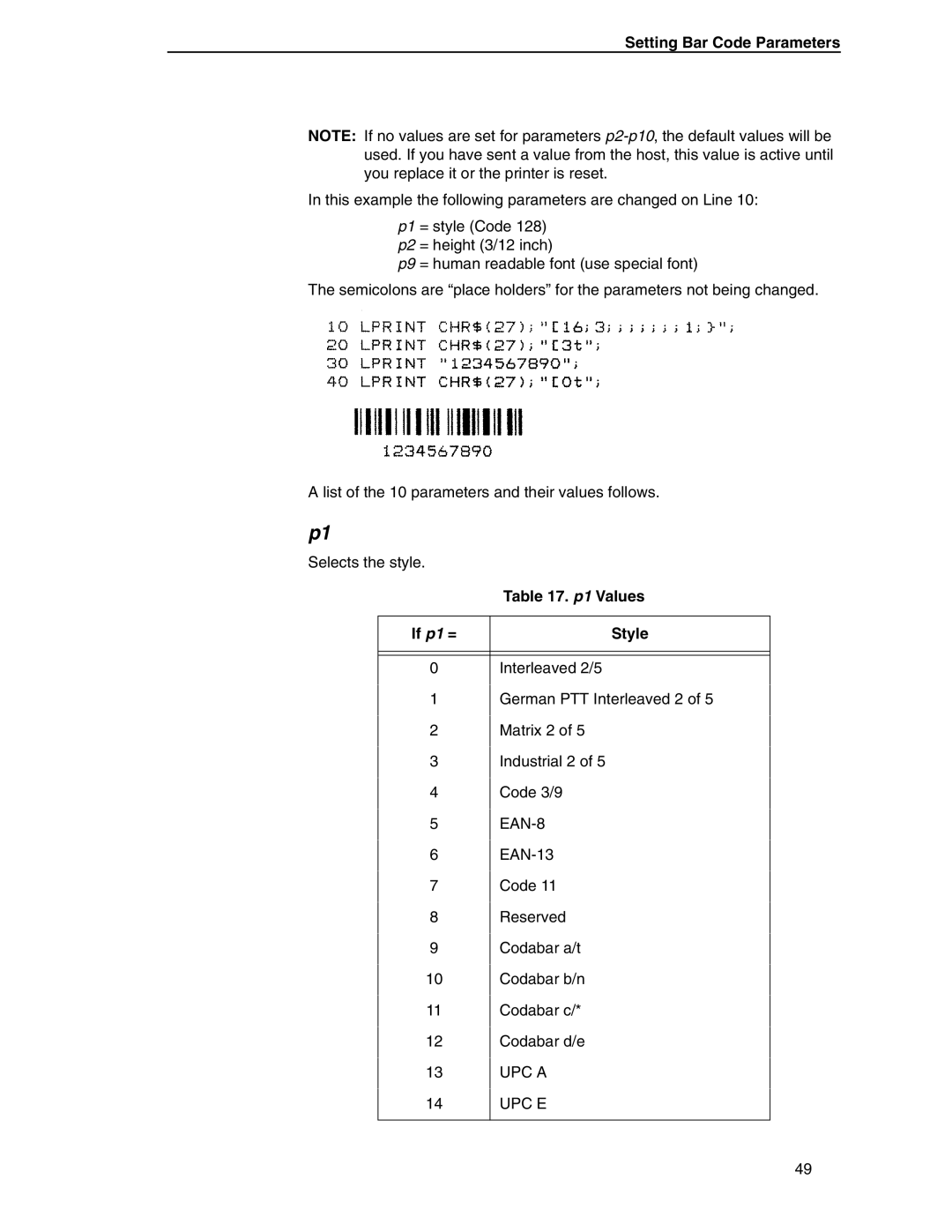 Printronix ANSI Printer manual Setting Bar Code Parameters, P1 Values, If p1 = Style, UPC a, Upc E 