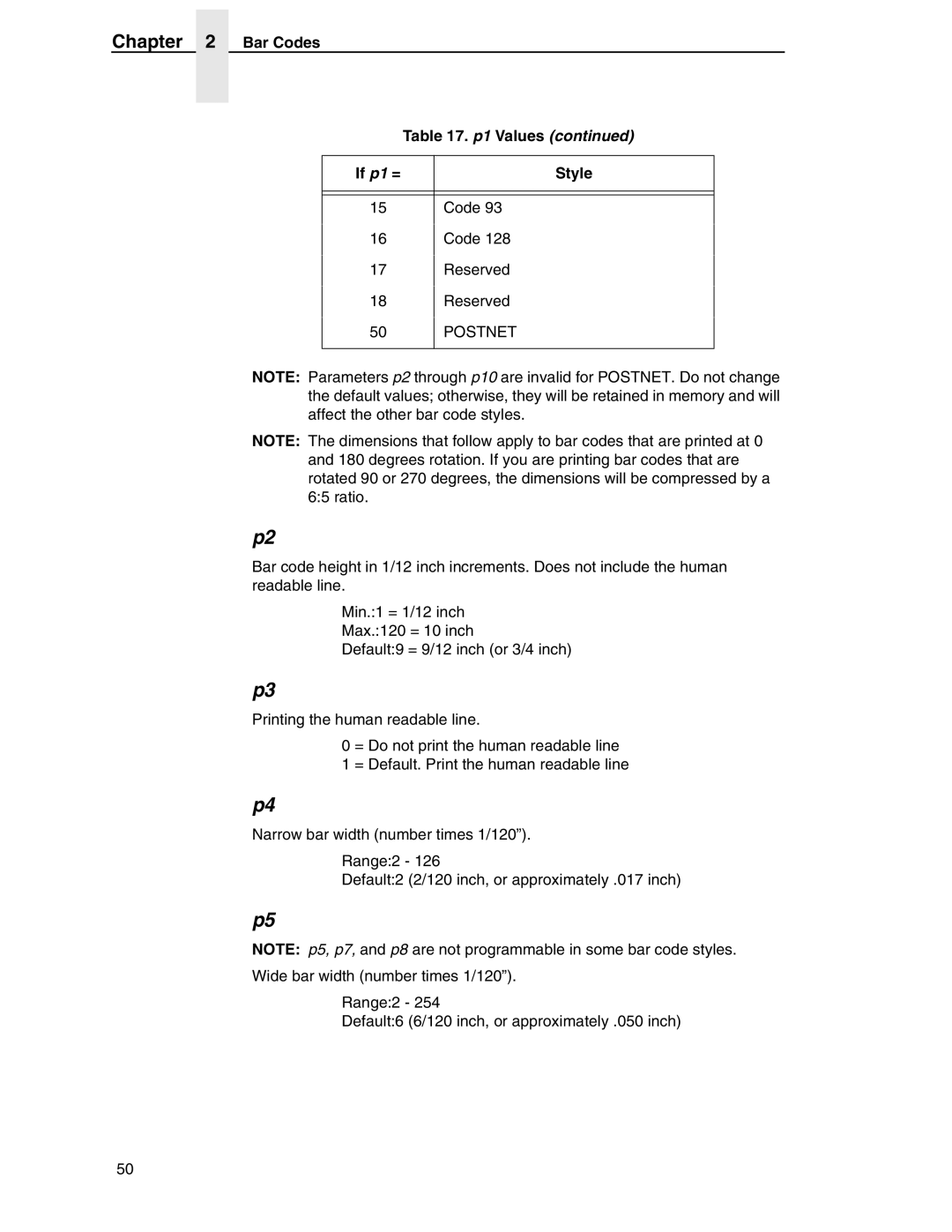 Printronix ANSI Printer manual Bar Codes P1 Values, Postnet 