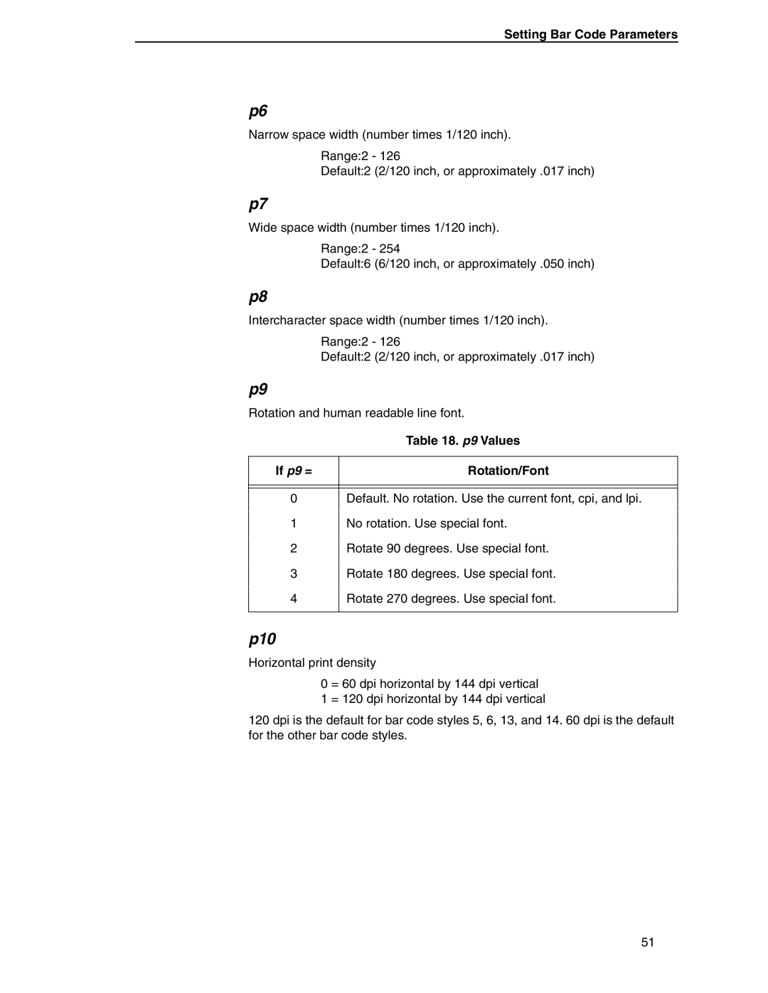 Printronix ANSI Printer manual P9 Values, Rotation/Font 