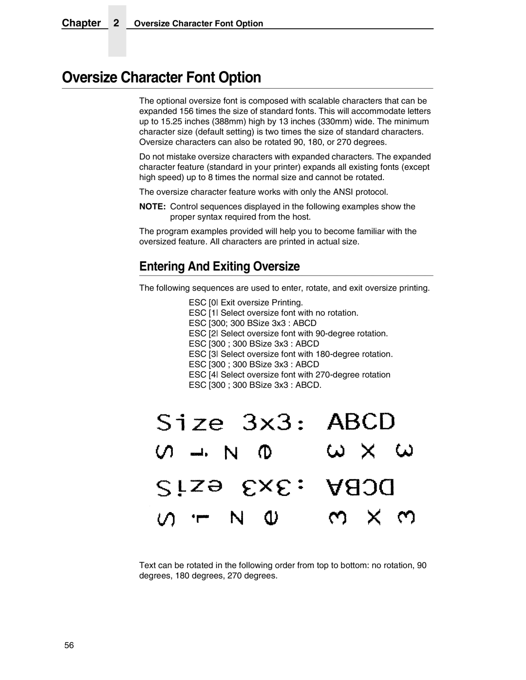 Printronix ANSI Printer manual Oversize Character Font Option, Entering And Exiting Oversize 