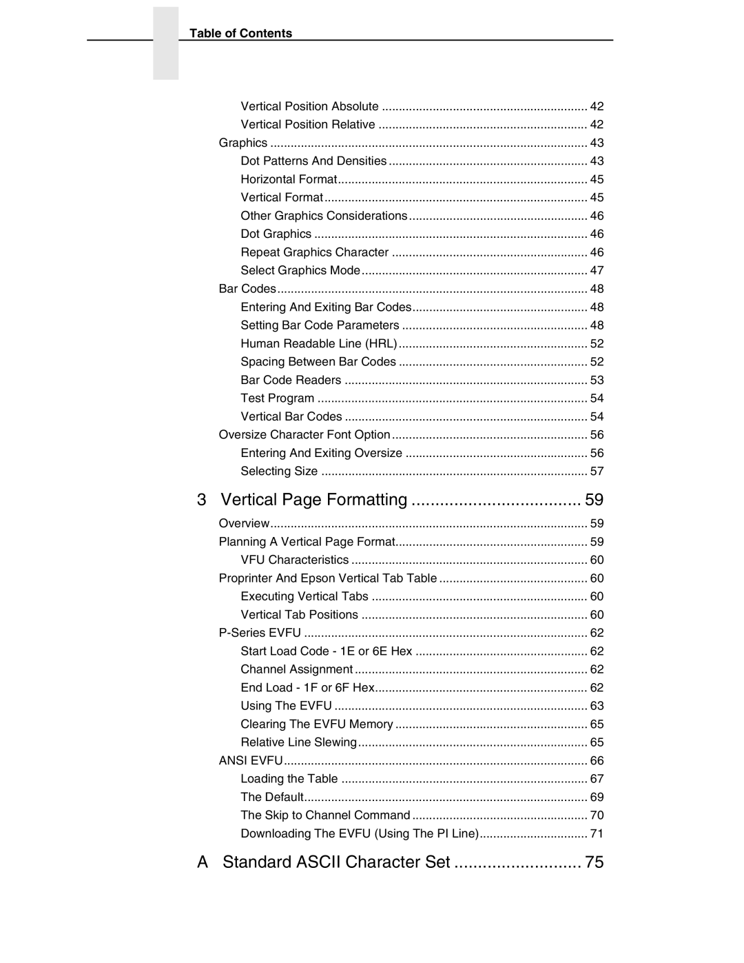 Printronix ANSI Printer manual Vertical Page Formatting, Table of Contents 