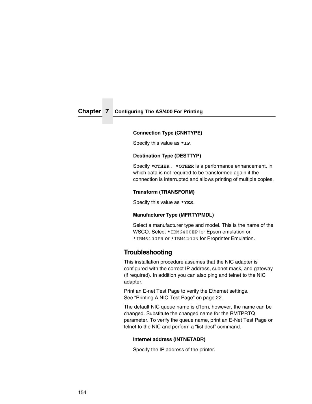 Printronix Integrated Network Interface Card manual Configuring The AS/400 For Printing Connection Type Cnntype 