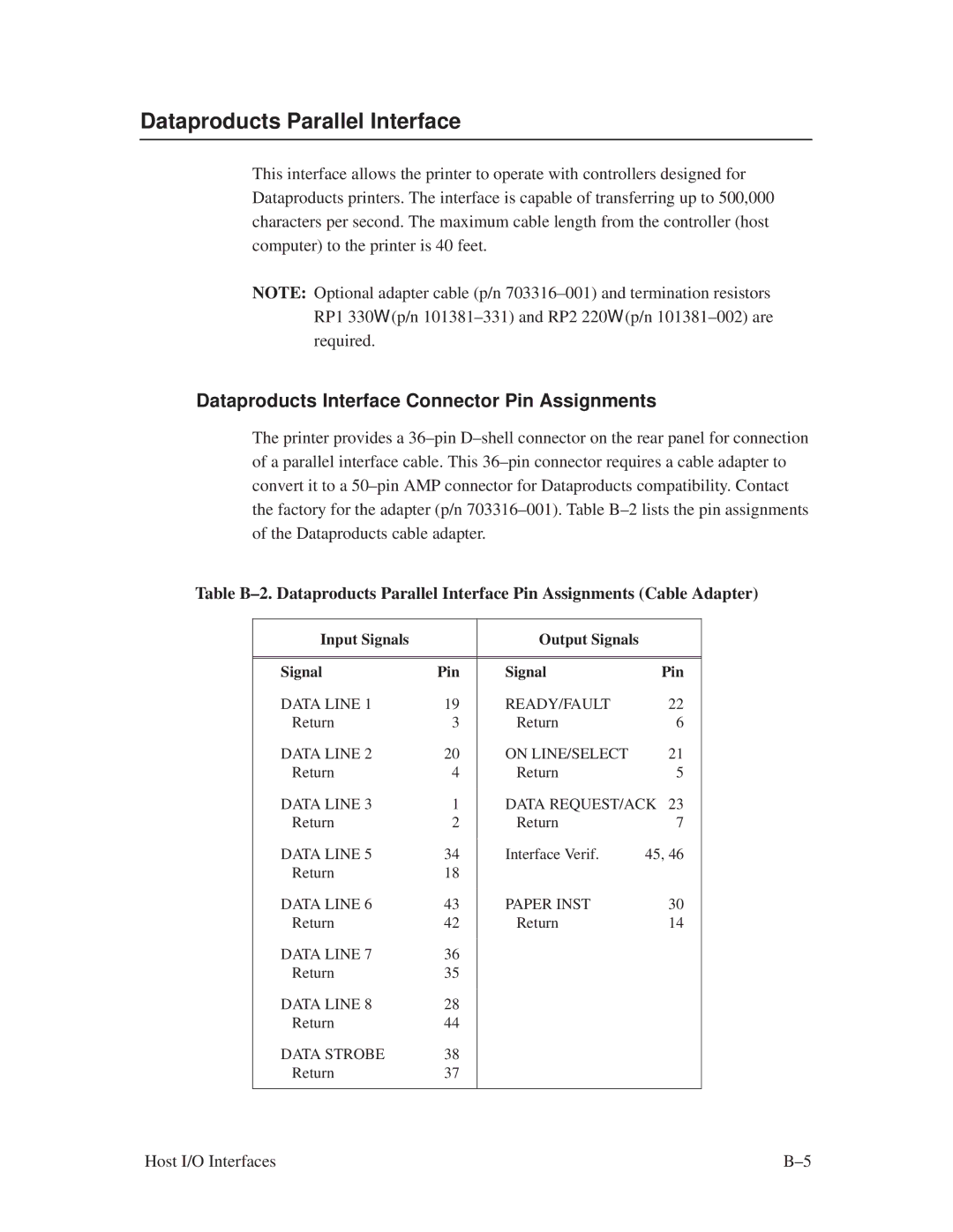 Printronix L1024 manual Dataproducts Parallel Interface, Dataproducts Interface Connector Pin Assignments 