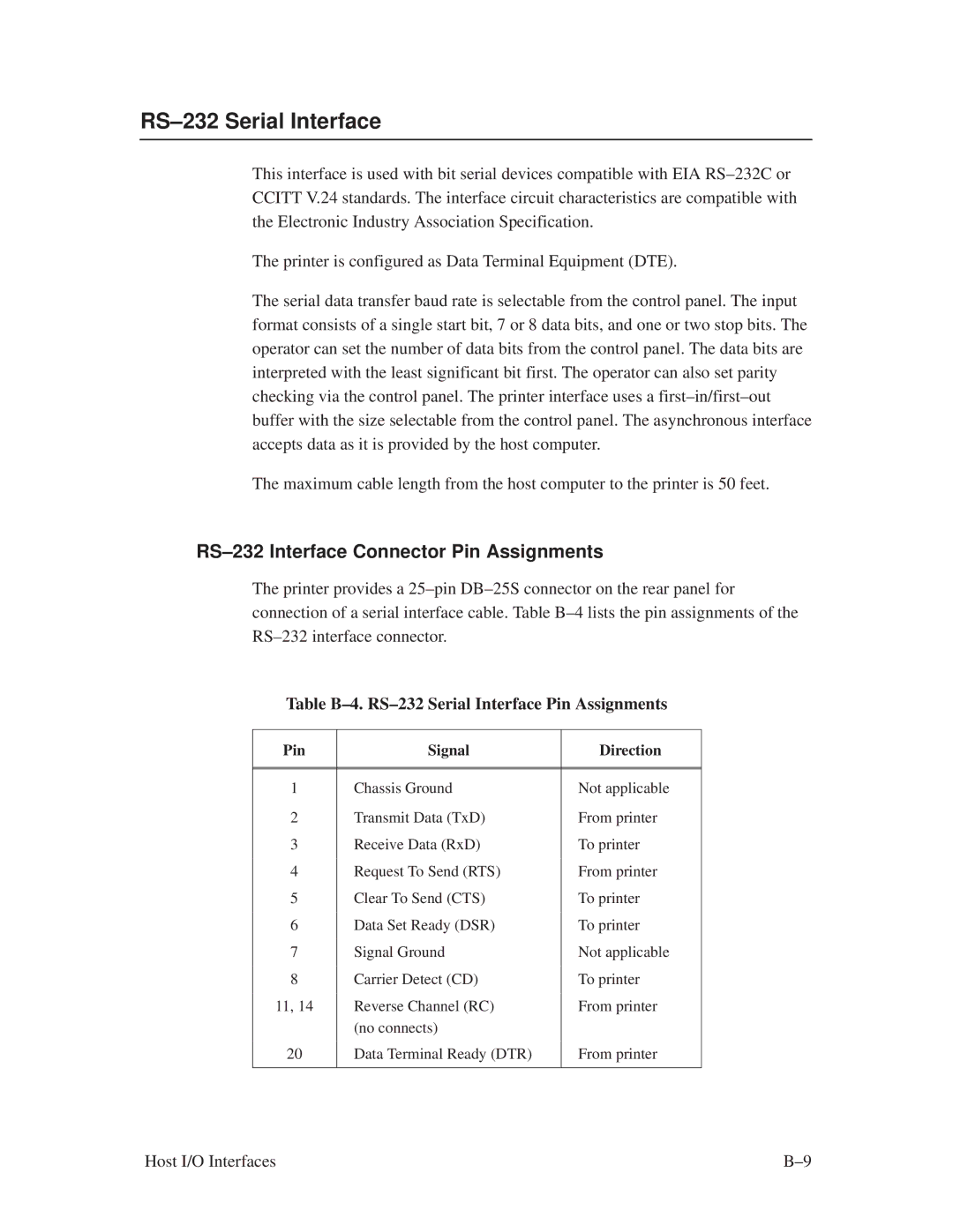 Printronix L1024 manual RS±232 Serial Interface, RS±232 Interface Connector Pin Assignments 