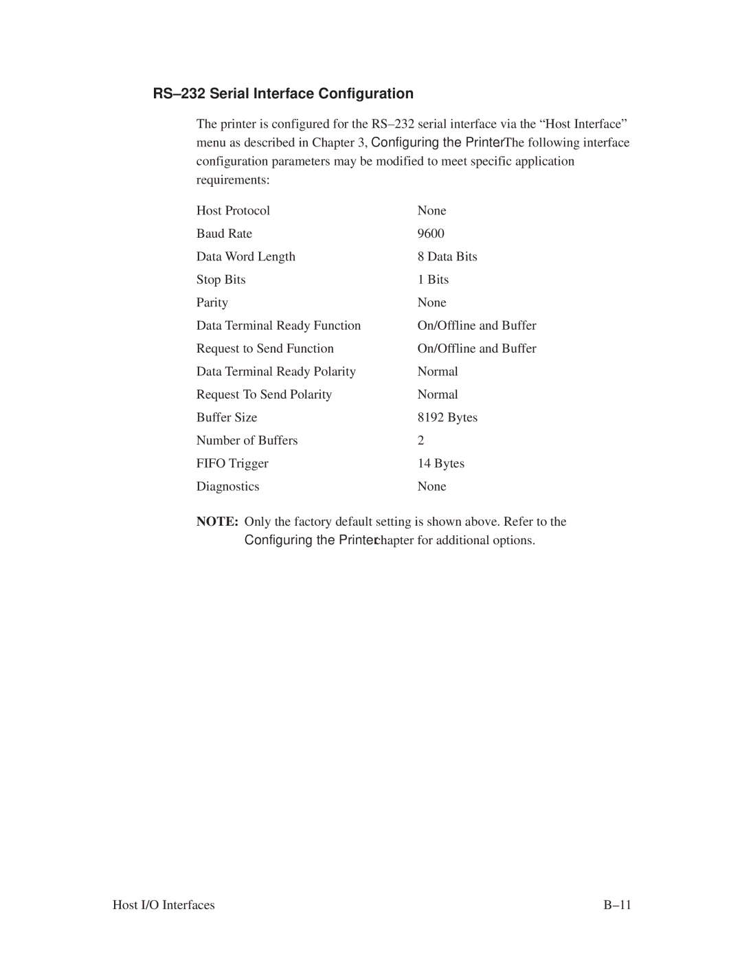 Printronix L1024 manual RS±232 Serial Interface Configuration 