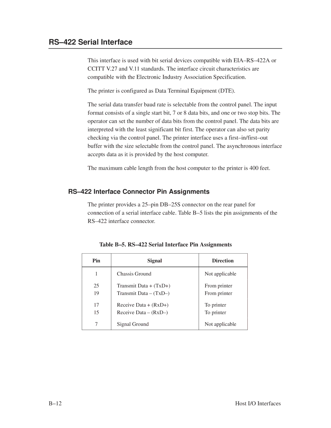 Printronix L1024 manual RS±422 Serial Interface, RS±422 Interface Connector Pin Assignments 