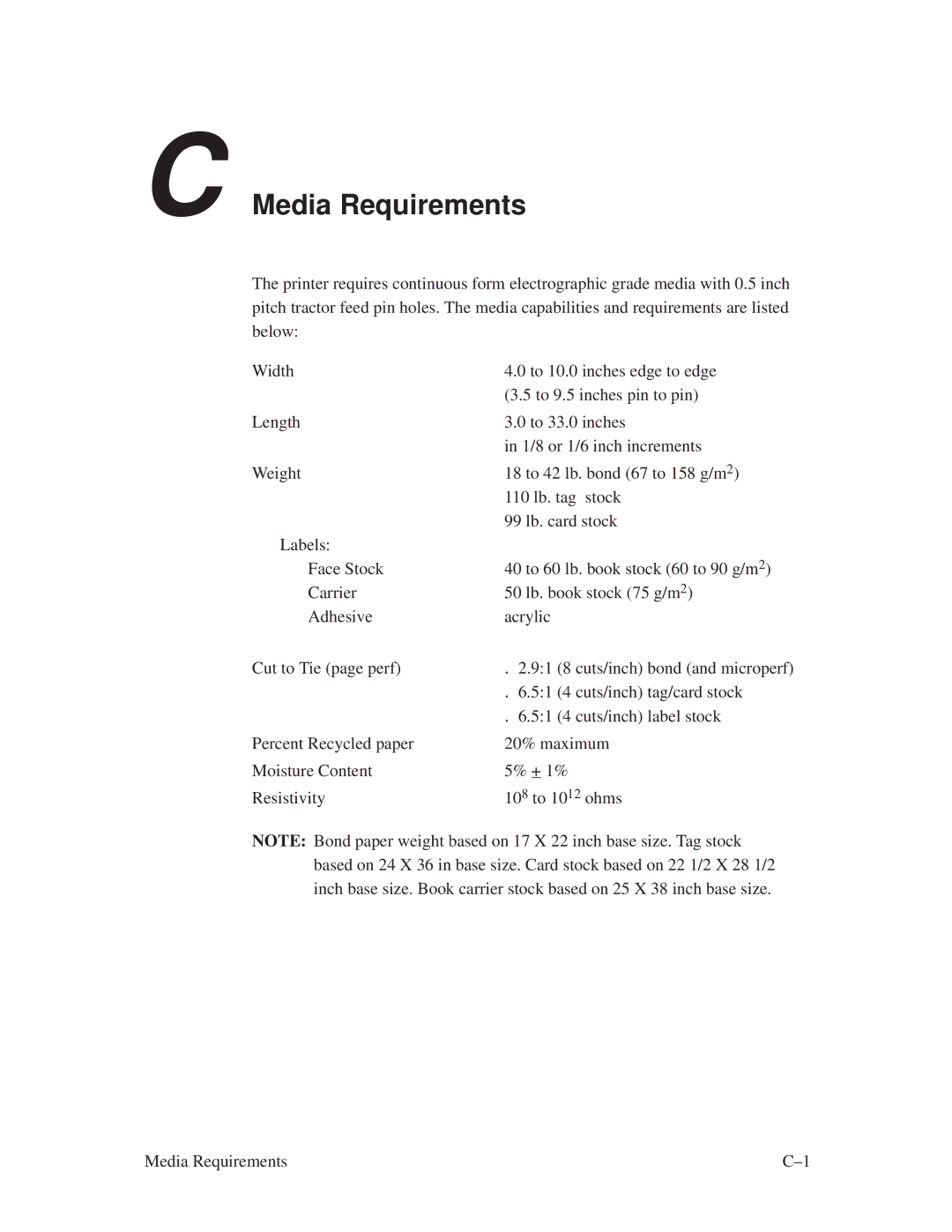 Printronix L1024 manual Media Requirements 