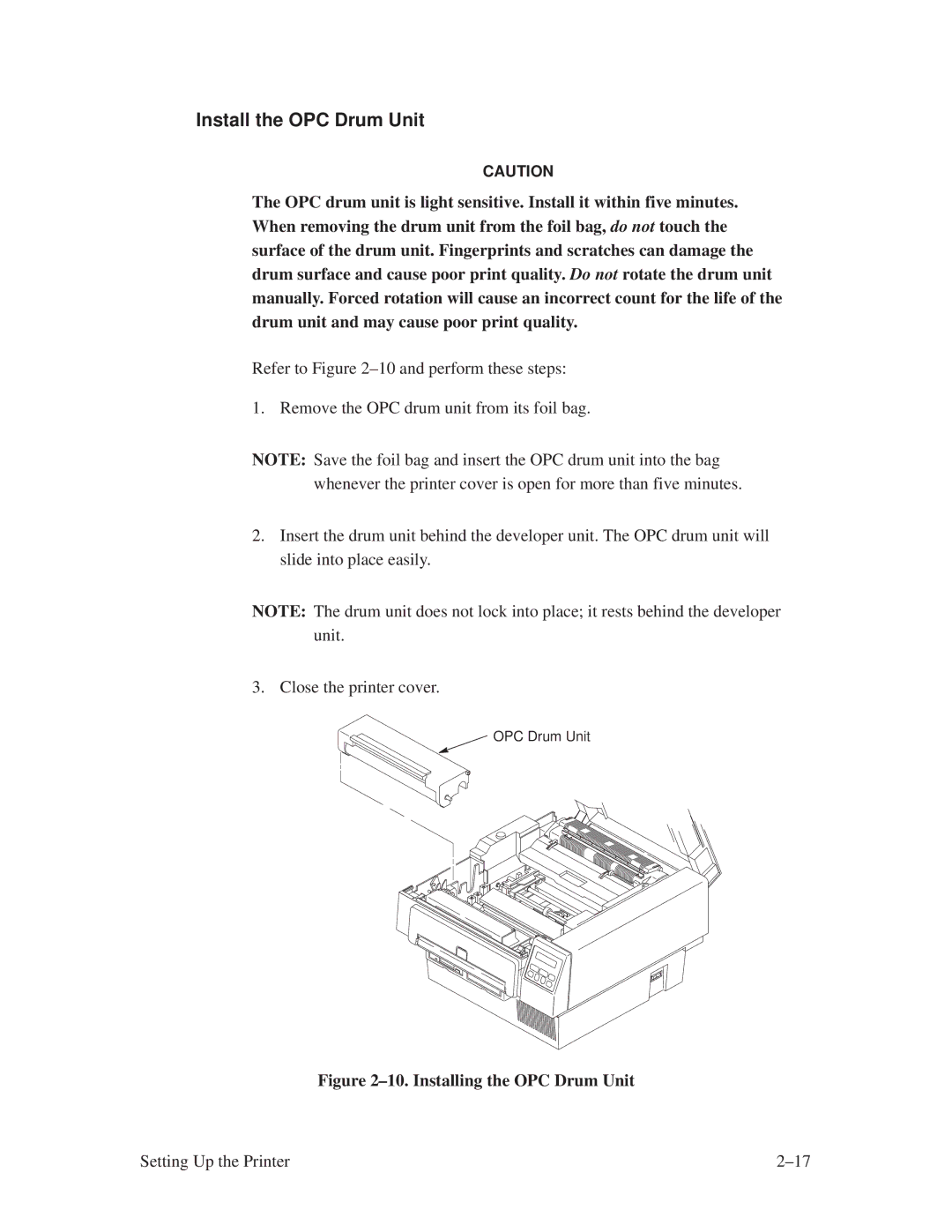 Printronix L1024 manual Install the OPC Drum Unit, ±10. Installing the OPC Drum Unit 