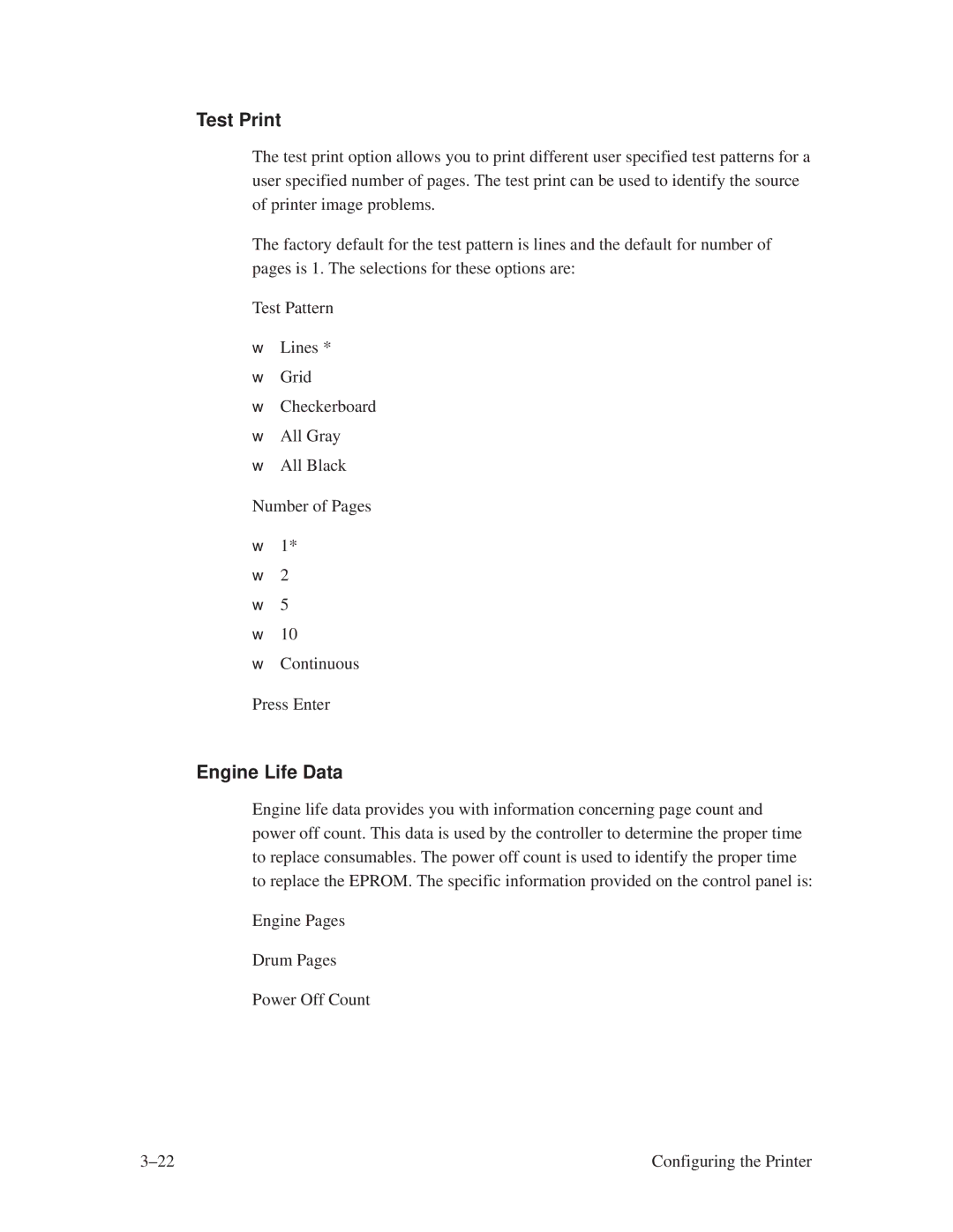 Printronix L1024 manual Test Print, Engine Life Data 