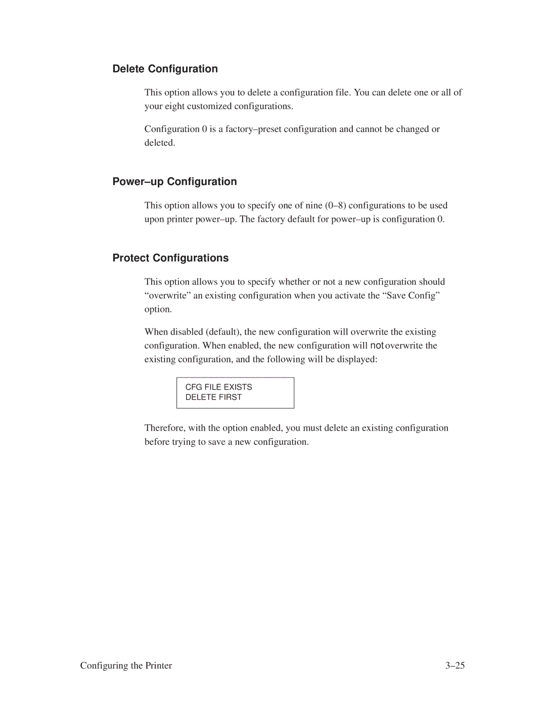 Printronix L1024 manual Delete Configuration, Power±up Configuration, Protect Configurations 