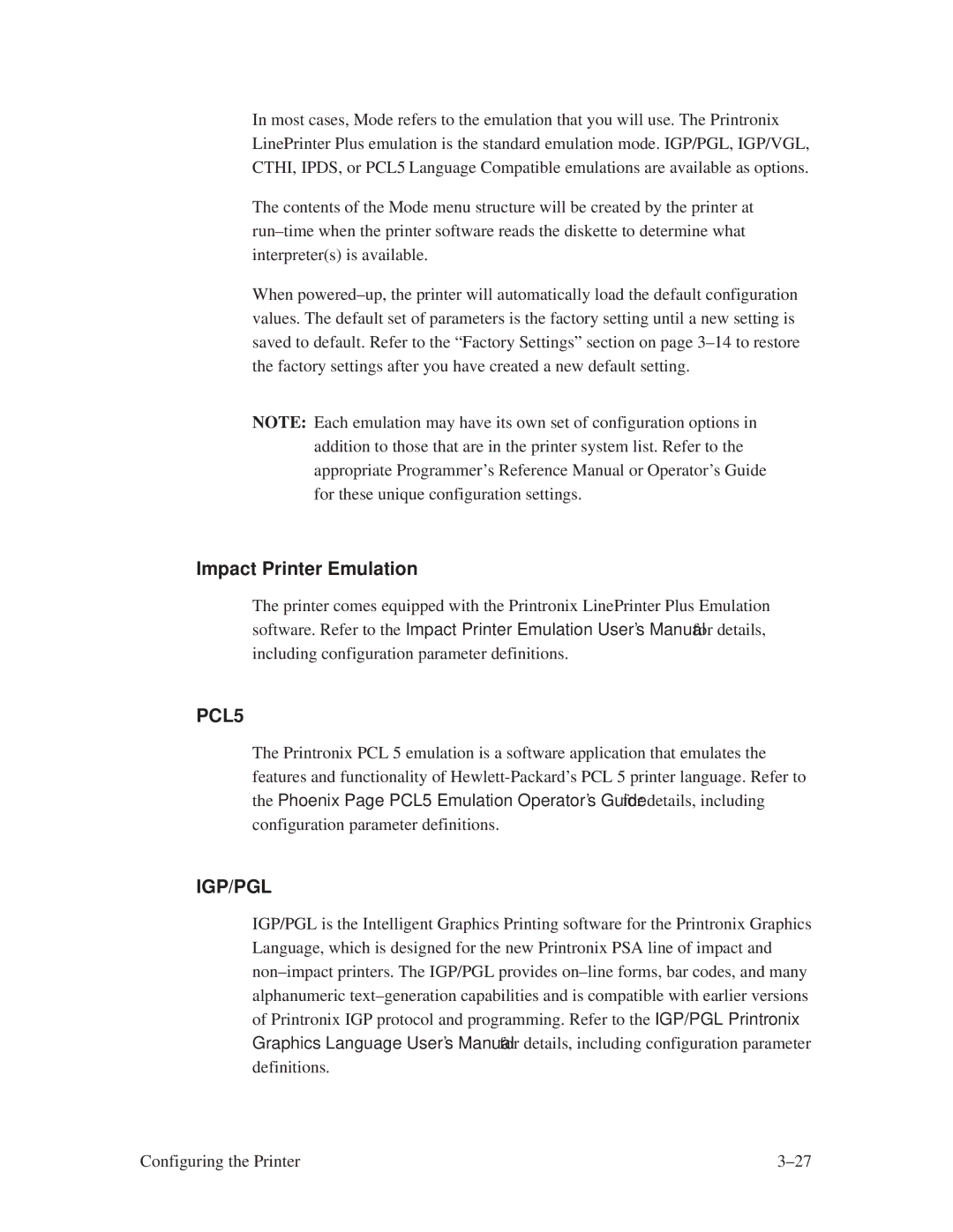 Printronix L1024 manual Impact Printer Emulation, PCL5 