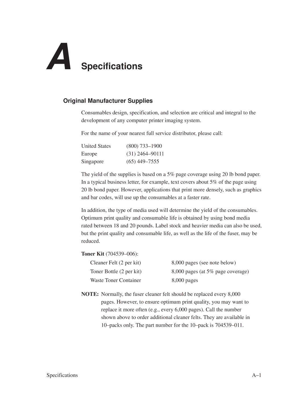 Printronix L1024 manual Specifications, Original Manufacturer Supplies 