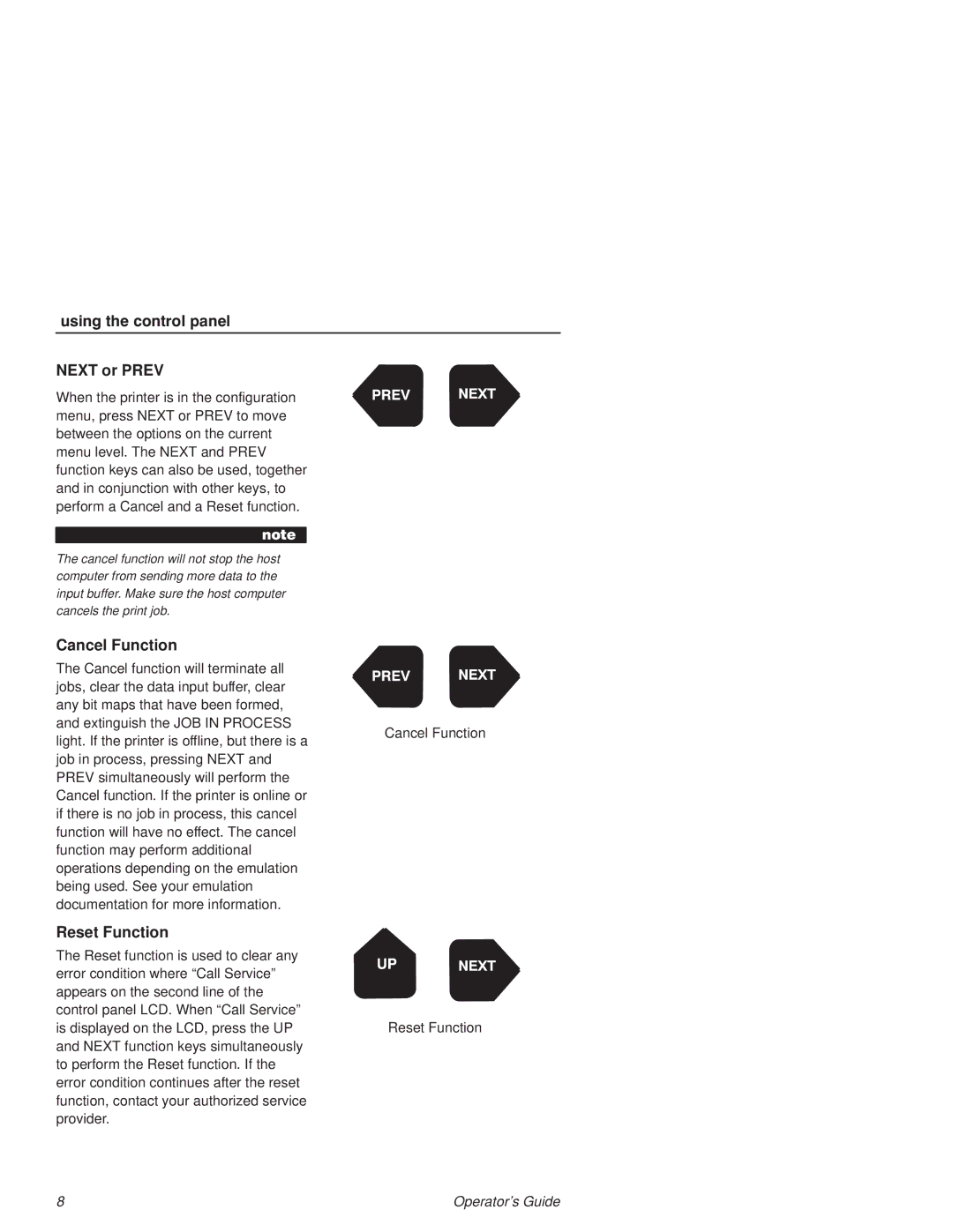 Printronix L1524 manual Next or Prev, Cancel Function, Reset Function 
