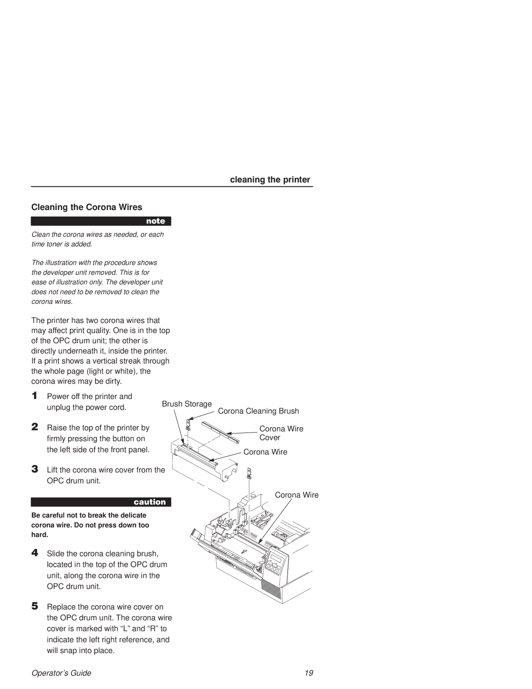 Printronix L1524 manual Cleaning the Corona Wires 