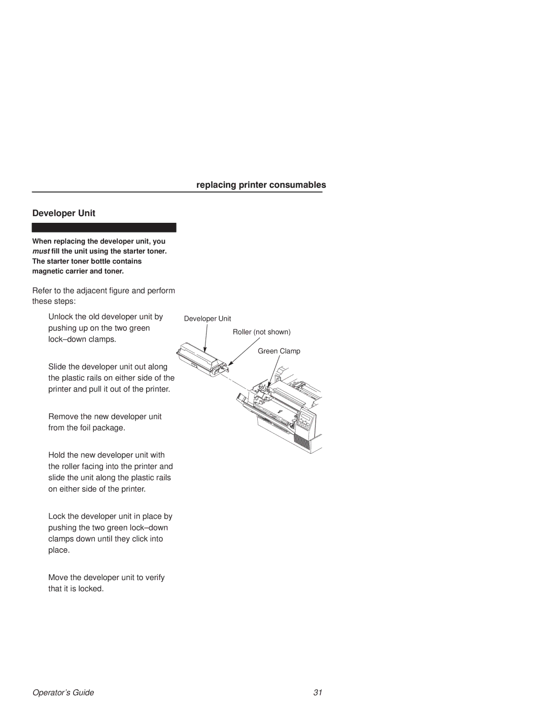 Printronix L1524 manual Developer Unit, Remove the new developer unit from the foil package 