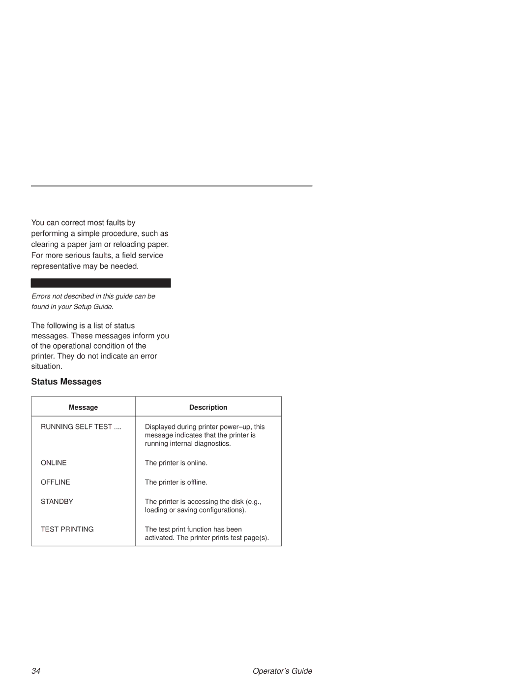 Printronix L1524 manual Status and Error Messages, Status Messages 