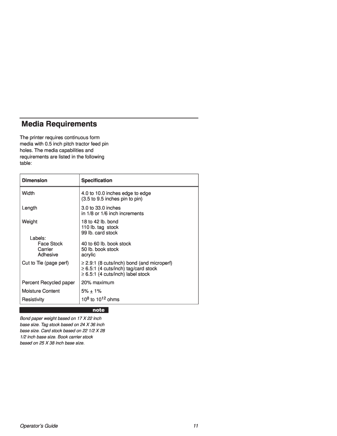Printronix L1524 manual Media Requirements, Dimension, Specification, Operators Guide 