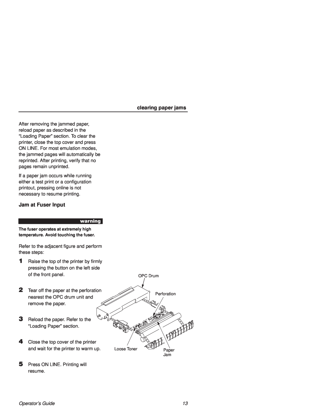 Printronix L1524 manual clearing paper jams, Jam at Fuser Input, Operators Guide 