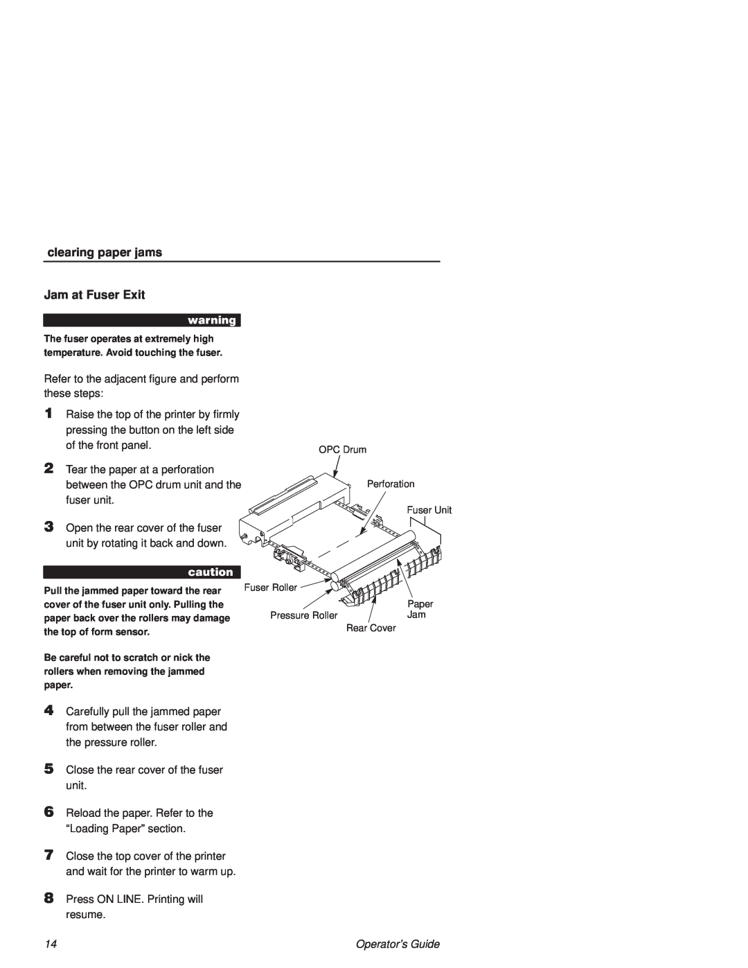 Printronix L1524 manual clearing paper jams, Jam at Fuser Exit, Perforation 