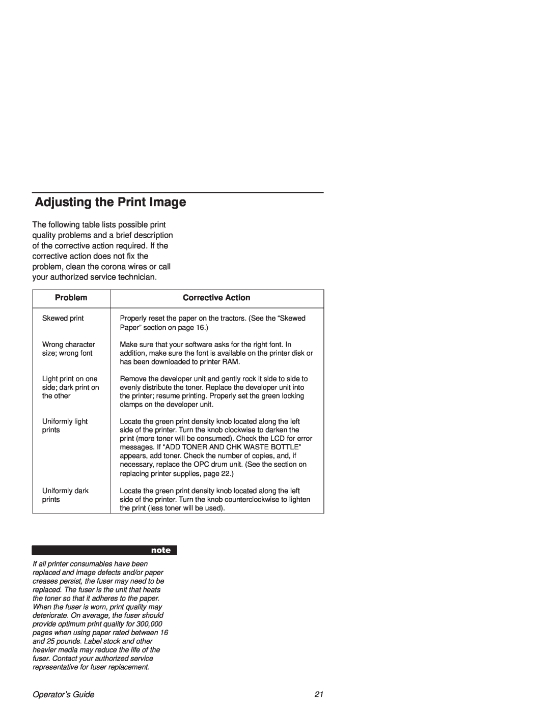 Printronix L1524 manual Adjutig the Prit Iage, Problem, Corrective Action, Operators Guide 