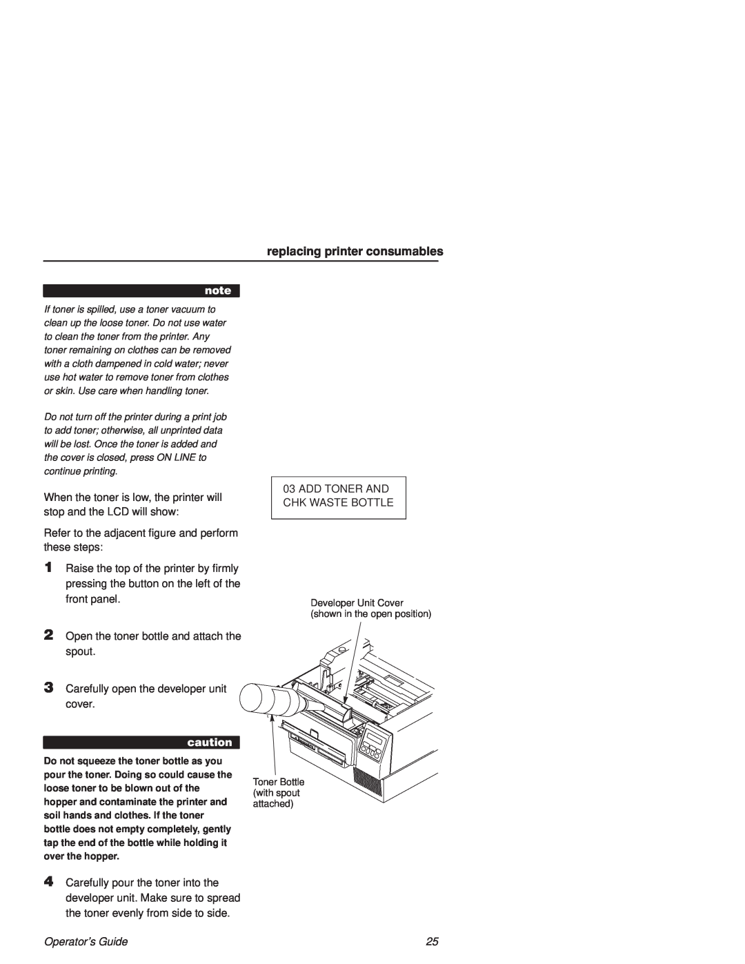 Printronix L1524 manual replacing printer consumables, Operators Guide, Developer Unit Cover shown in the open position 