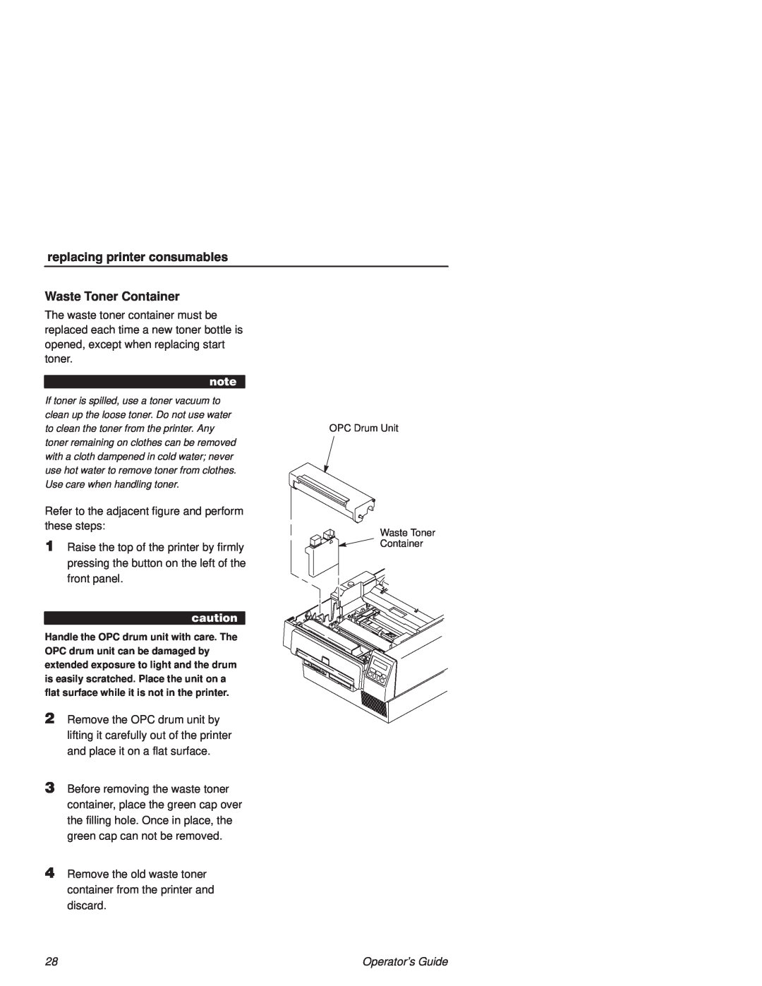 Printronix L1524 manual replacing printer consumables, OPC Drum Unit Waste Toner Container 