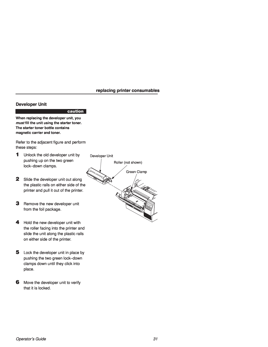 Printronix L1524 manual replacing printer consumables, Developer Unit, Operators Guide 
