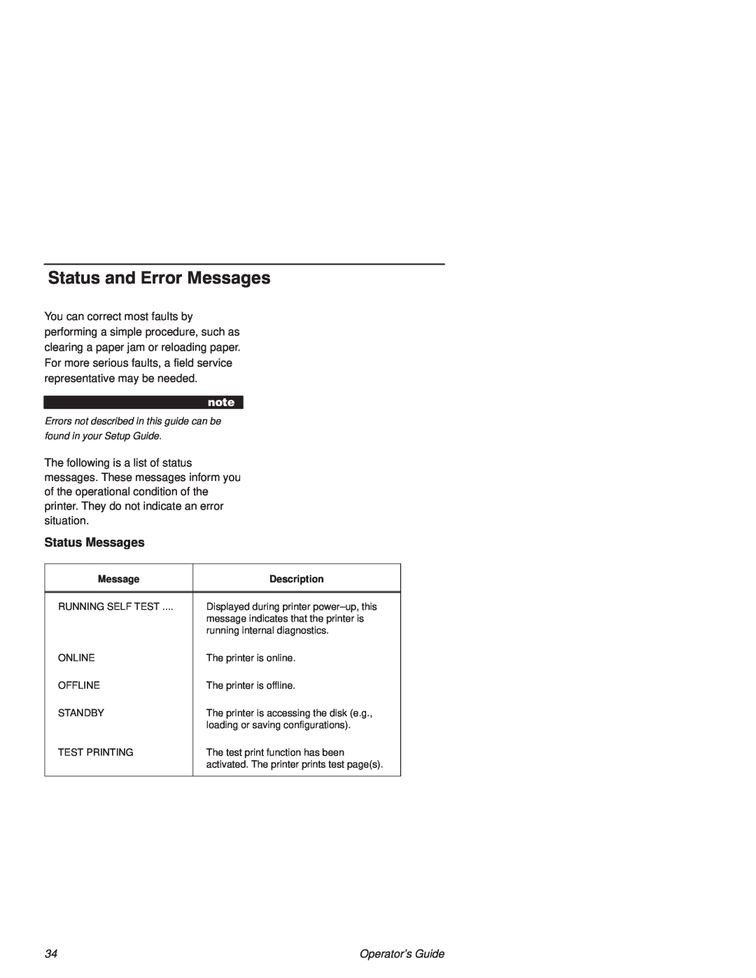 Printronix L1524 manual Status and Error Messages, Status Messages 