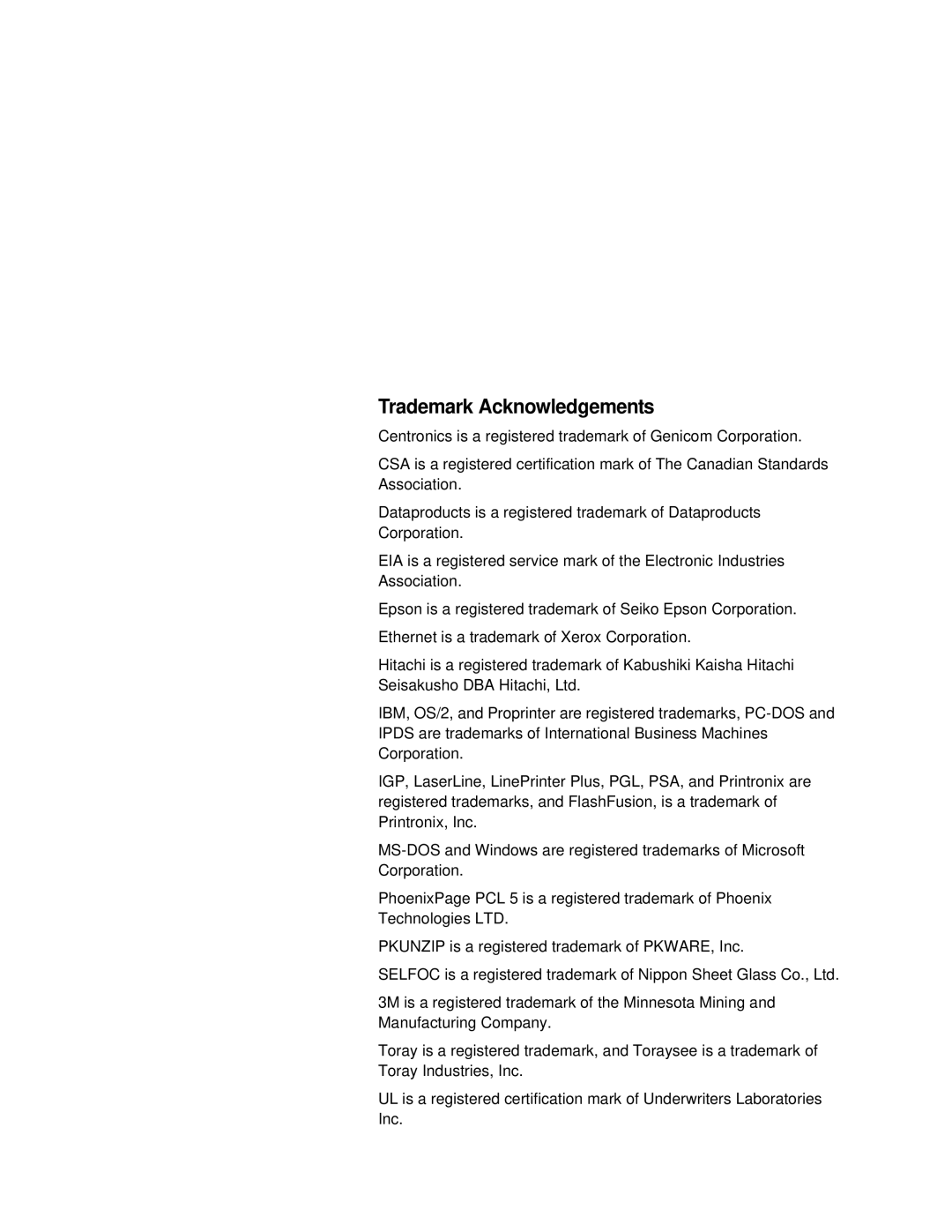 Printronix L5020 manual Trademark Acknowledgements 