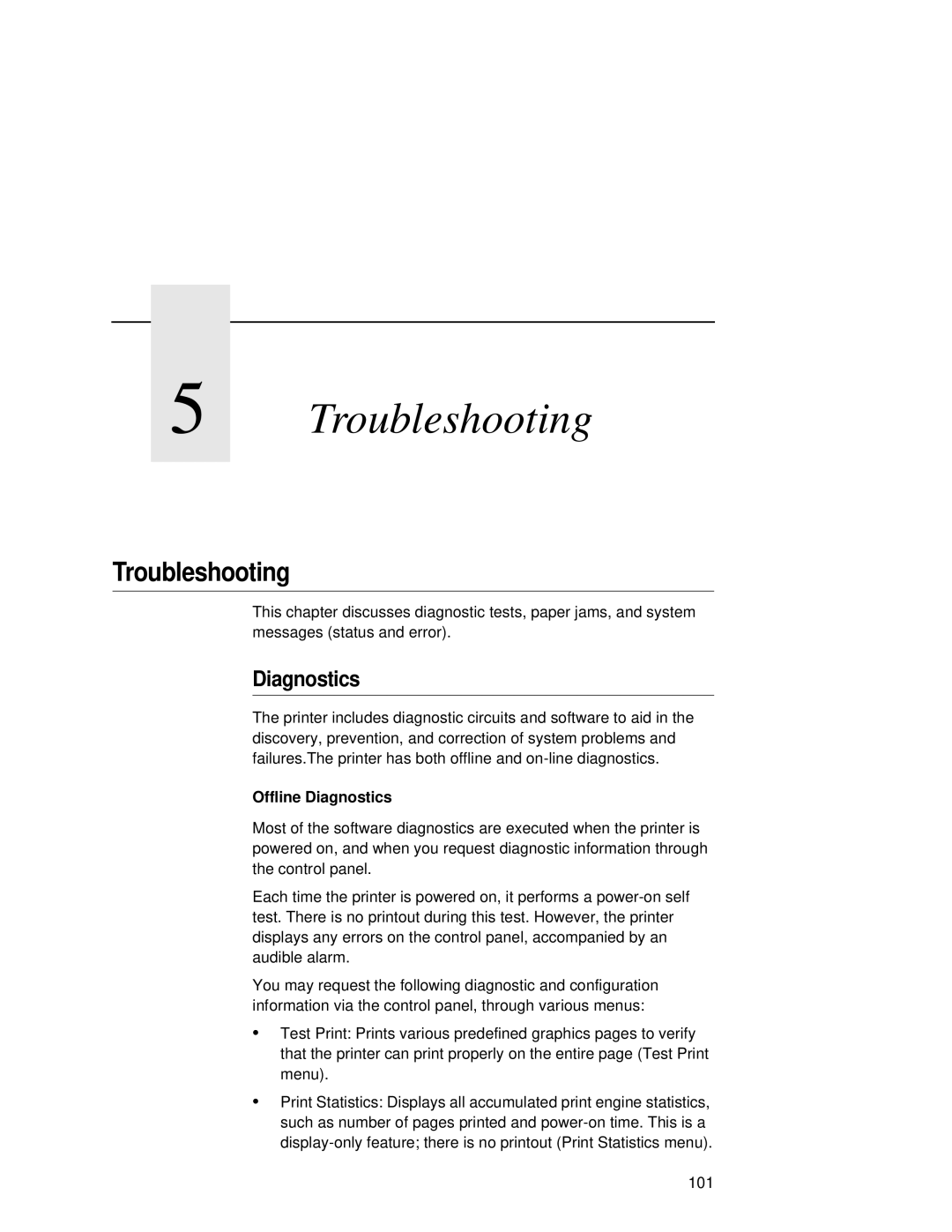 Printronix L5020 manual Troubleshooting, Offline Diagnostics 