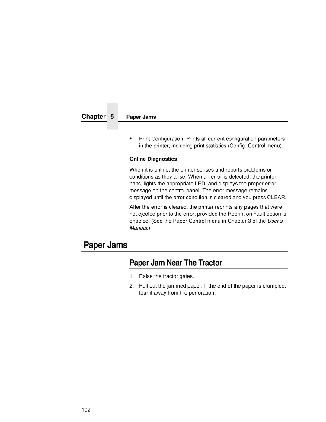 Printronix L5020 manual Paper Jams, Paper Jam Near The Tractor, Online Diagnostics 