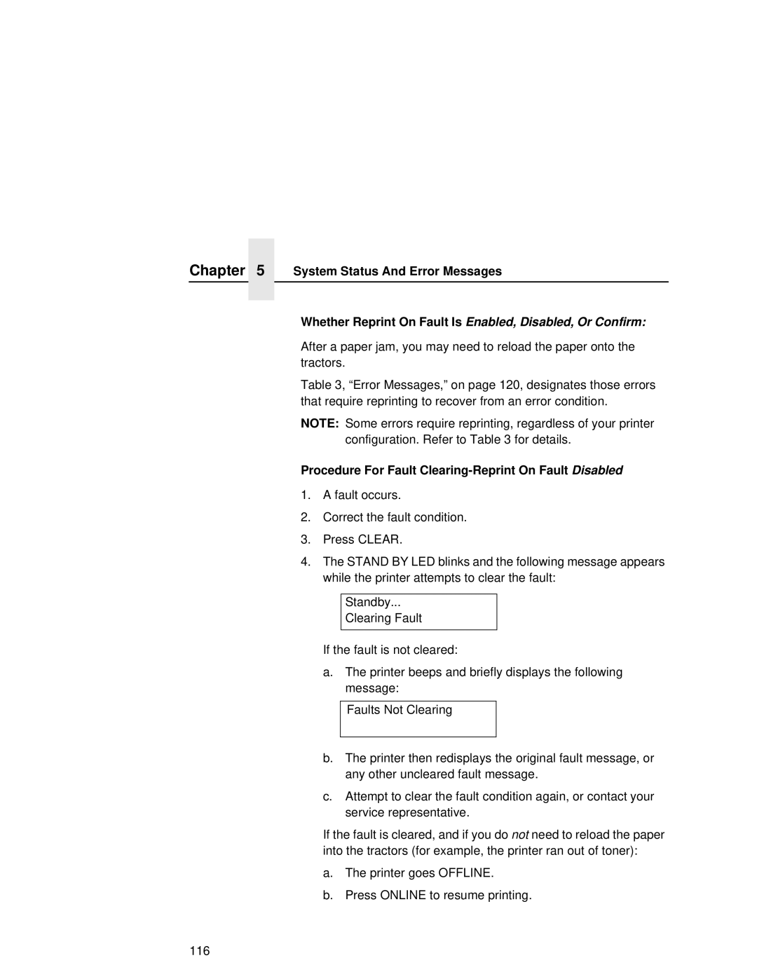 Printronix L5020 manual Whether Reprint On Fault Is Enabled, Disabled, Or Confirm 