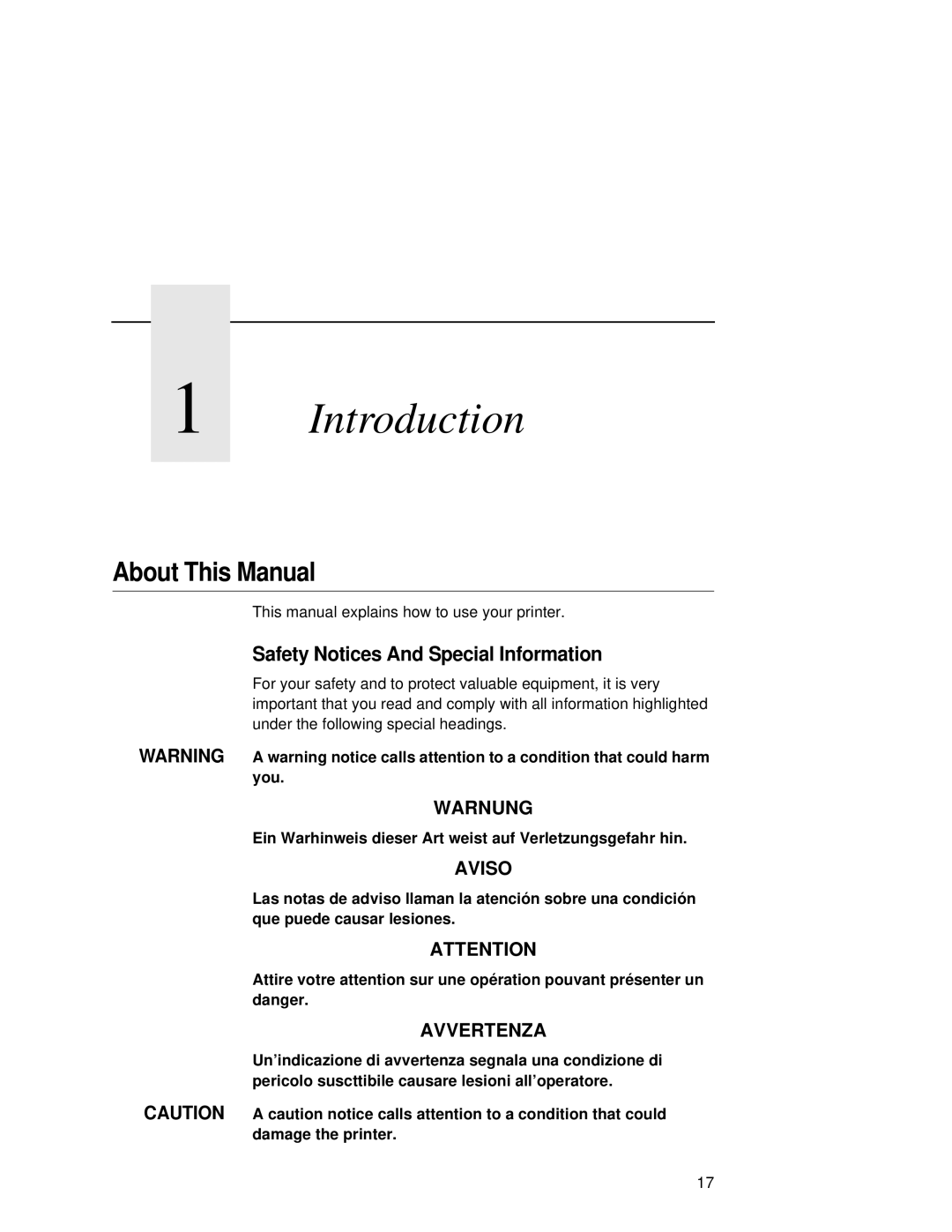 Printronix L5020 manual About This Manual, Ein Warhinweis dieser Art weist auf Verletzungsgefahr hin 