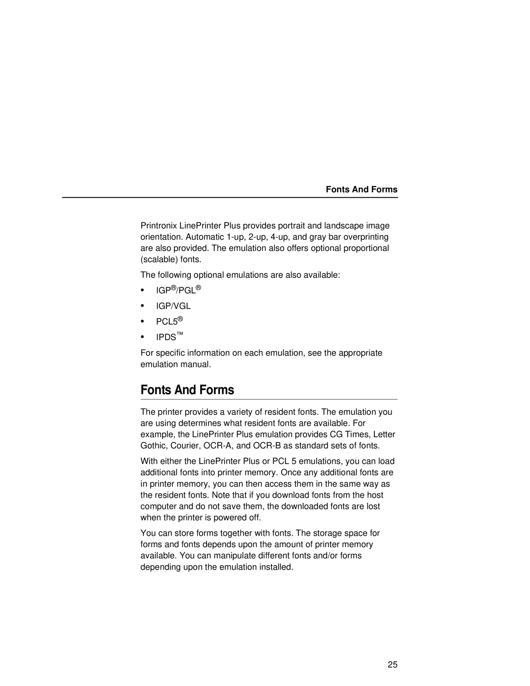 Printronix L5020 manual Fonts And Forms 