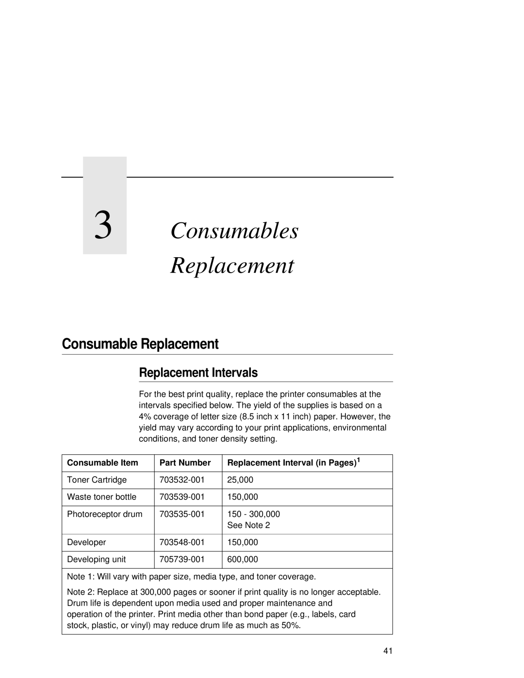 Printronix L5020 Consumable Replacement, Replacement Intervals, Consumable Item Part Number Replacement Interval in Pages1 