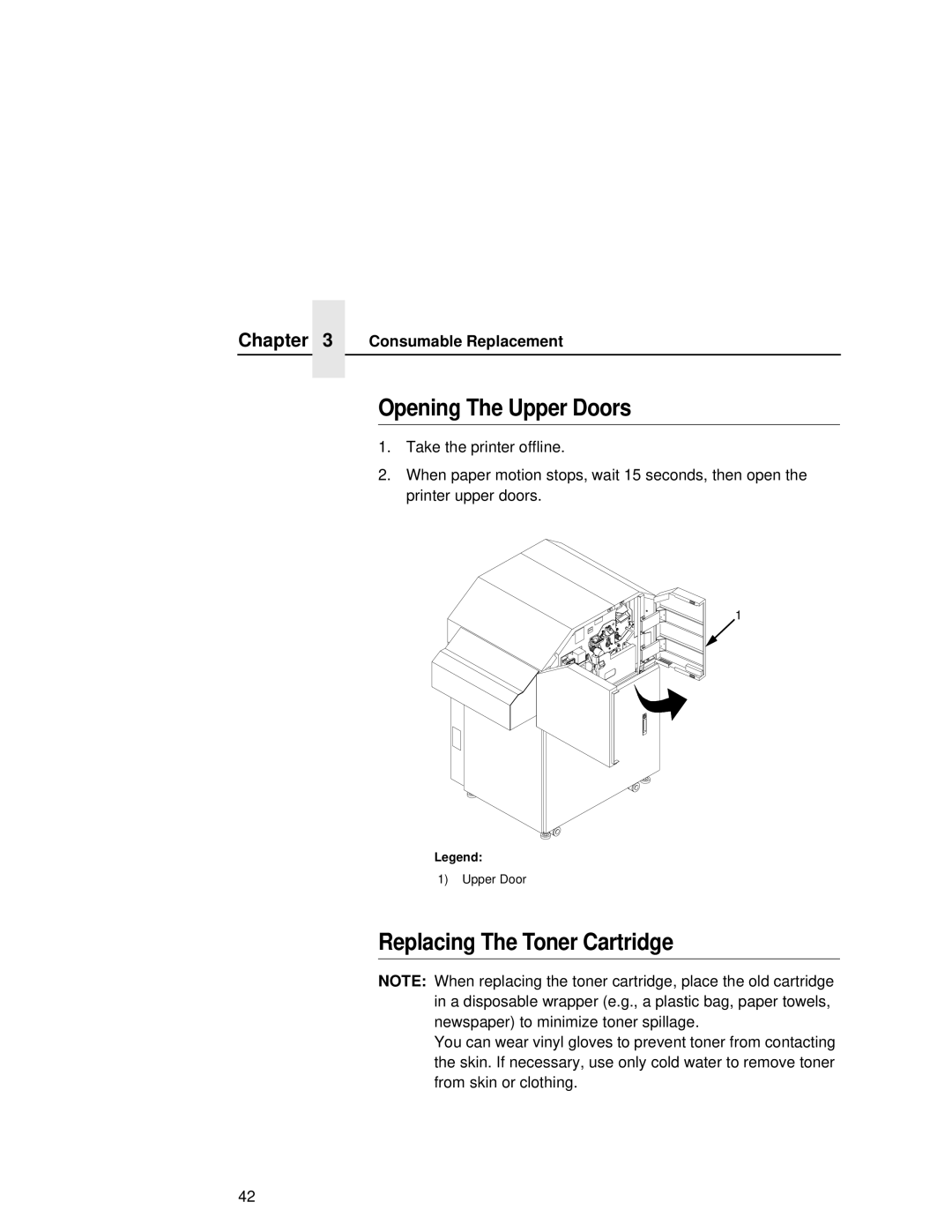 Printronix L5020 manual Opening The Upper Doors, Replacing The Toner Cartridge, Consumable Replacement 