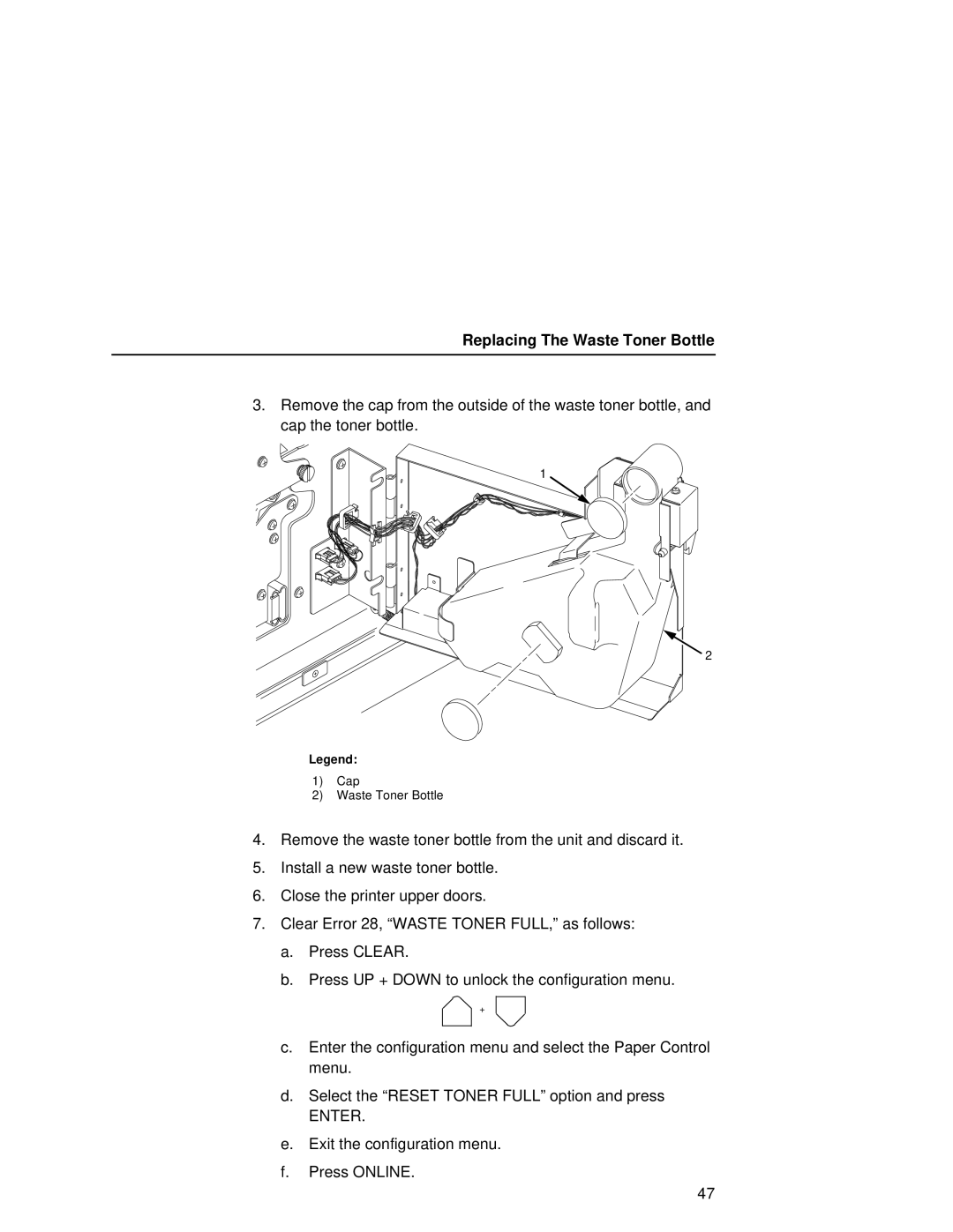 Printronix L5020 manual Replacing The Waste Toner Bottle 