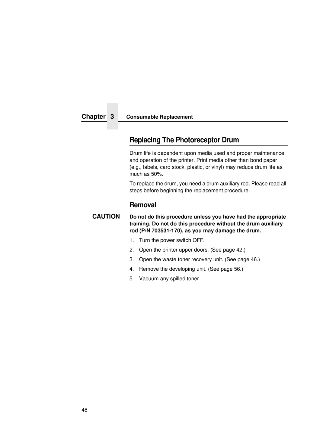 Printronix L5020 manual Replacing The Photoreceptor Drum 