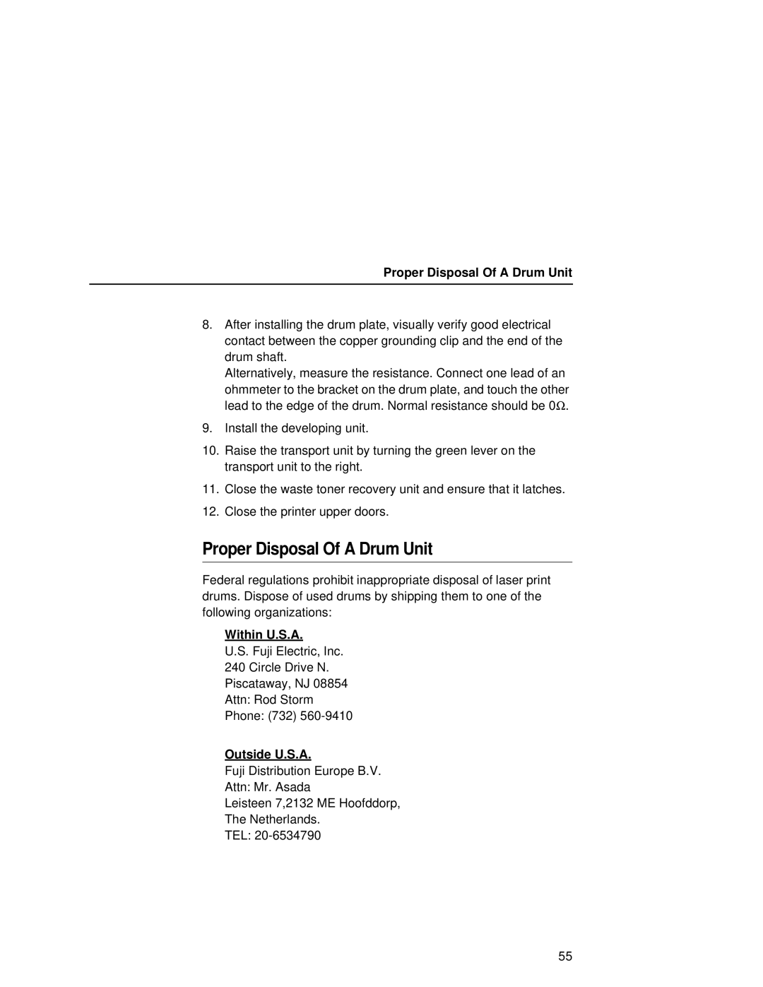 Printronix L5020 manual Proper Disposal Of a Drum Unit, Within U.S.A, Outside U.S.A 