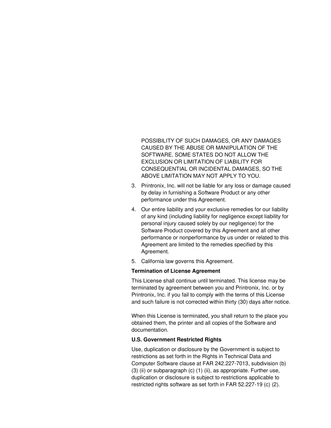 Printronix L5020 manual Termination of License Agreement, Government Restricted Rights 