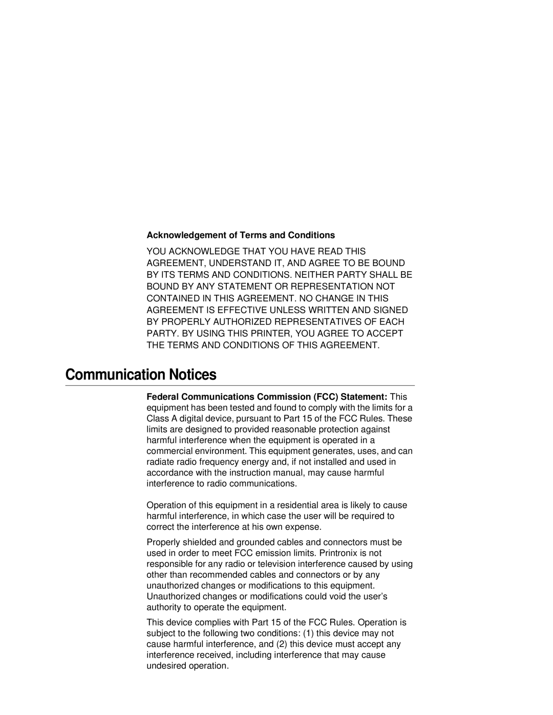 Printronix L5020 manual Communication Notices, Acknowledgement of Terms and Conditions 