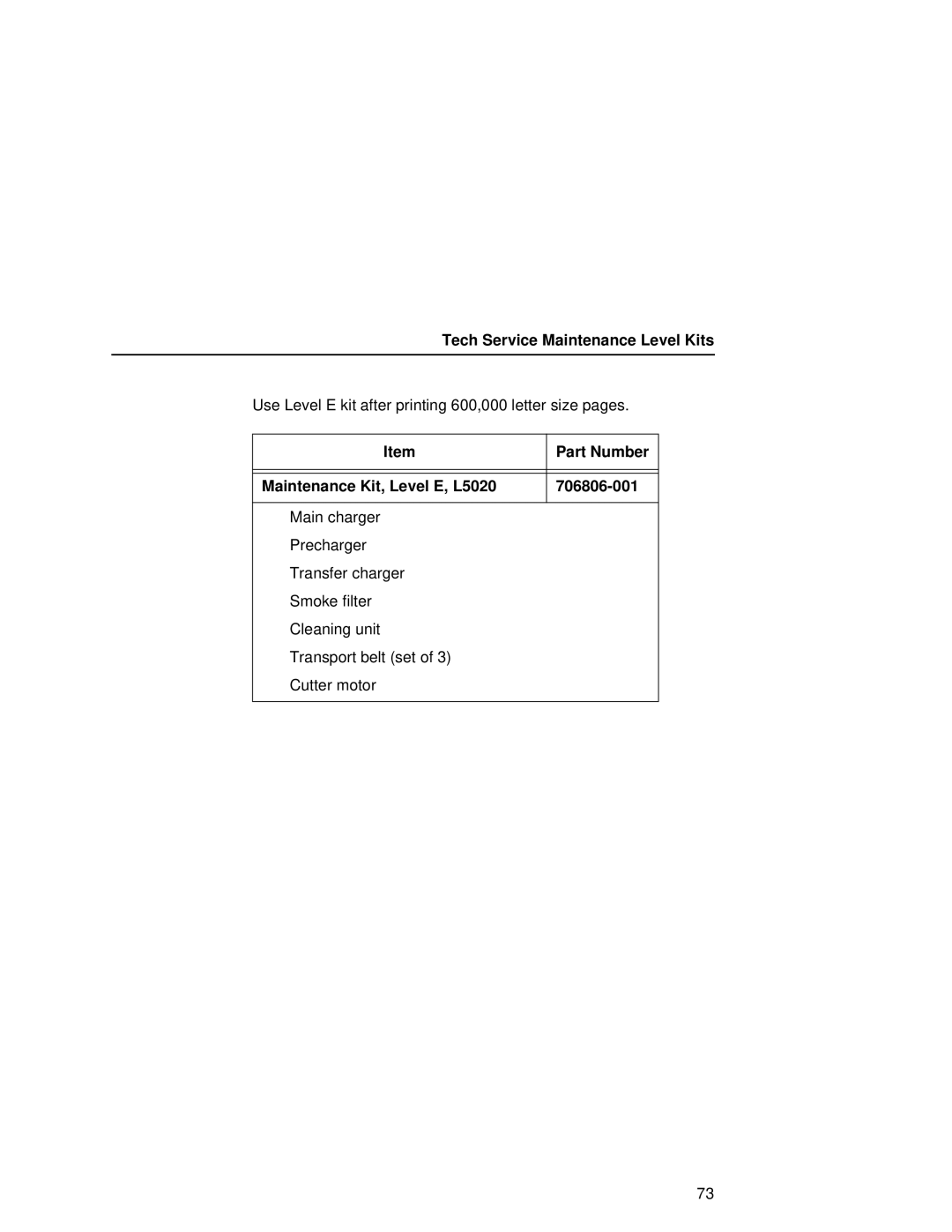 Printronix manual Tech Service Maintenance Level Kits, Part Number Maintenance Kit, Level E, L5020 706806-001 