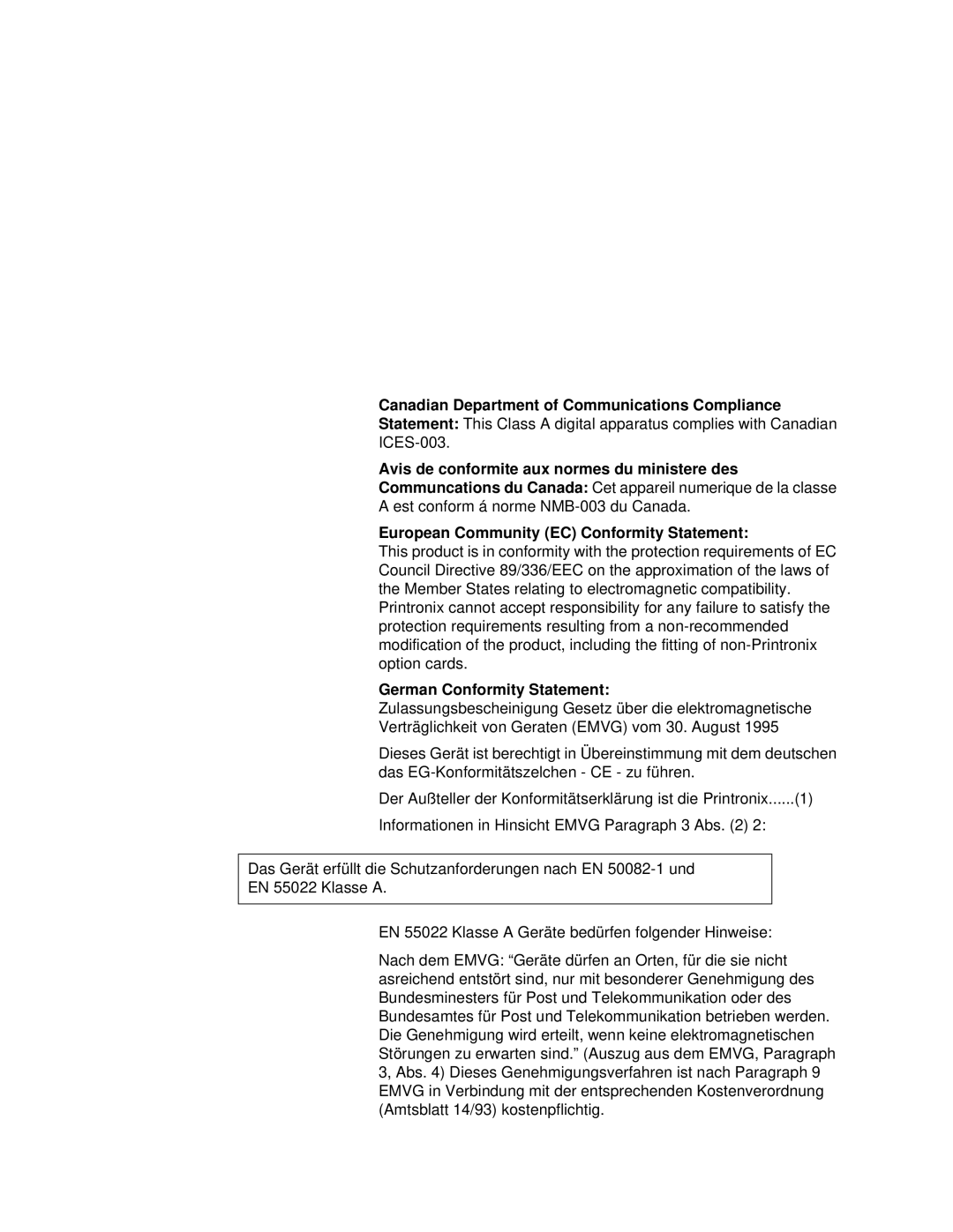 Printronix L5020 manual German Conformity Statement 