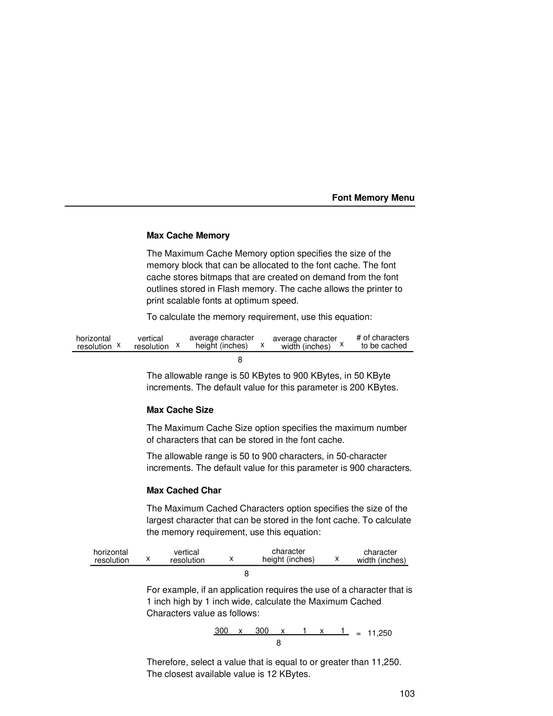 Printronix L5035 user manual Font Memory Menu Max Cache Memory, Max Cache Size, Max Cached Char 